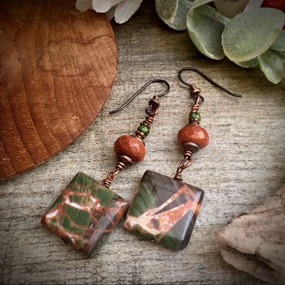 Sedona Jasper sunstone wire wrapped earrings - Picture 3 of 7